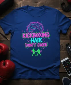 Kickboxing Hair Don't Care text design with graphic of two fighters and stylized hair on a blue t-shirt