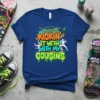 Kickin' It With My Cousins text with retro boombox and graffiti art on a blue t-shirt