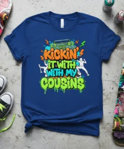 Kickin' It With My Cousins text with retro boombox and graffiti art on a blue t-shirt