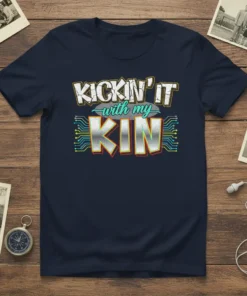 Kickin' It With My Kin text design with circuit board graphic on a navy blue t-shirt