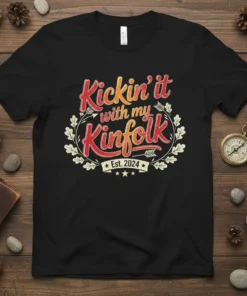Kickin' it with my Kinfolk Est. 2024 t-shirt design with retro typography and oak leaf wreath graphic