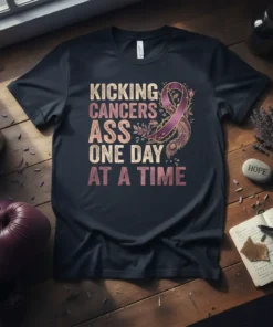 Kicking Cancers Ass One Day At A Time t-shirt with purple ribbon and feathers design