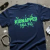 Navy t-shirt with bright green "KIDNAPPED CALL 911" text and abstract graphic elements