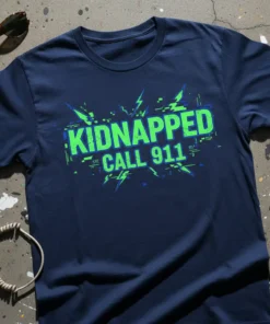 Navy t-shirt with bright green "KIDNAPPED CALL 911" text and abstract graphic elements