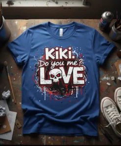 Kiki. Do you me? LOVE text with a red-eyed skull graphic on a blue t-shirt