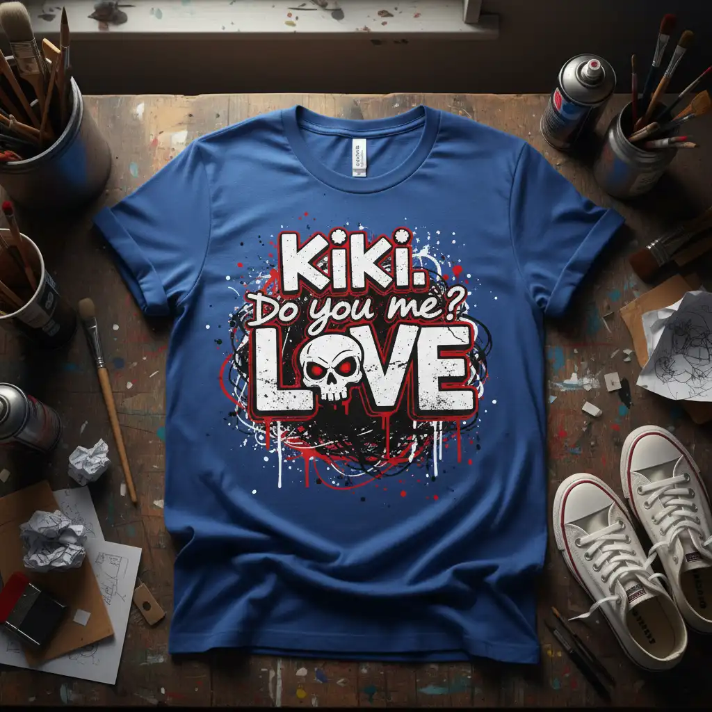 Kiki. Do you me? LOVE text and skull graphic on a royal blue t-shirt for a bold statement