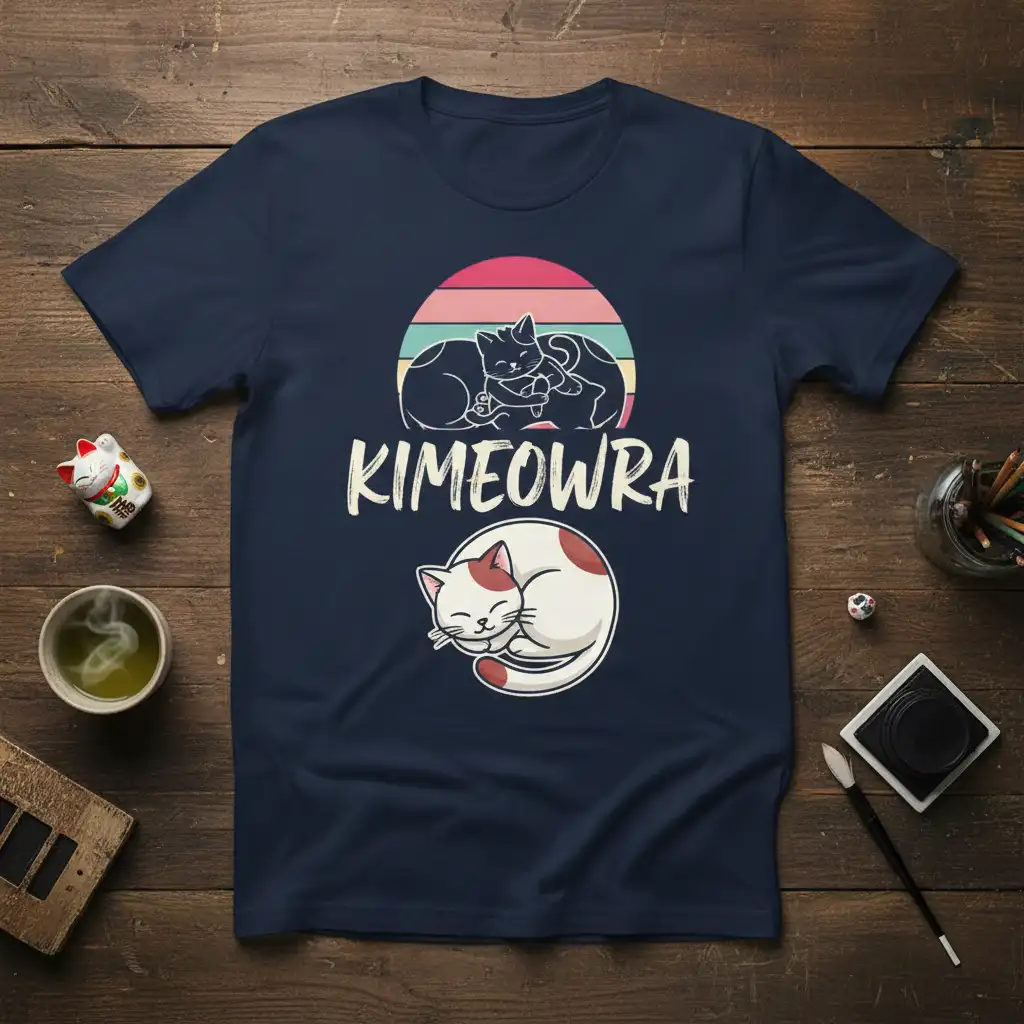 KIMEOWRA text and cute sleeping cat illustration on a vintage sunset background t-shirt