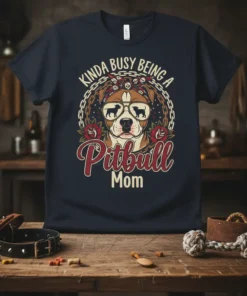 Kinda Busy Being A Pitbull Mom text with a graphic of a pitbull wearing sunglasses and a bandana on a