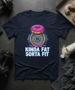 Kinda Fat Sorta Fit t-shirt with a pink frosted donut on a weight plate graphic