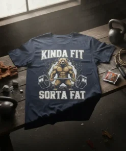 Kinda Fit Sorta Fat T-Shirt with a muscular bear lifting a barbell and the text "KINDA FIT SORTA FAT"