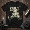 Kinda Fit Sorta Fat t-shirt with a muscular bear lifting a barbell, gym humor design