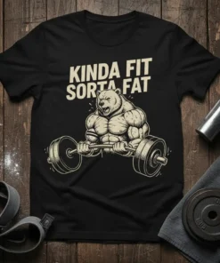 Kinda Fit Sorta Fat t-shirt with a muscular bear lifting a barbell, gym humor design
