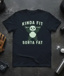 Kinda Fit Sorta Fat panda lifting weights graphic t-shirt design with distressed vintage look