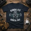 Kinda Fit Sorta Fat t-shirt with a muscular raccoon lifting a barbell, funny gym humor design