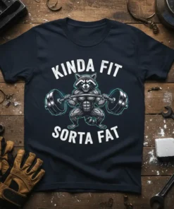 Kinda Fit Sorta Fat t-shirt with a muscular raccoon lifting a barbell, funny gym humor design