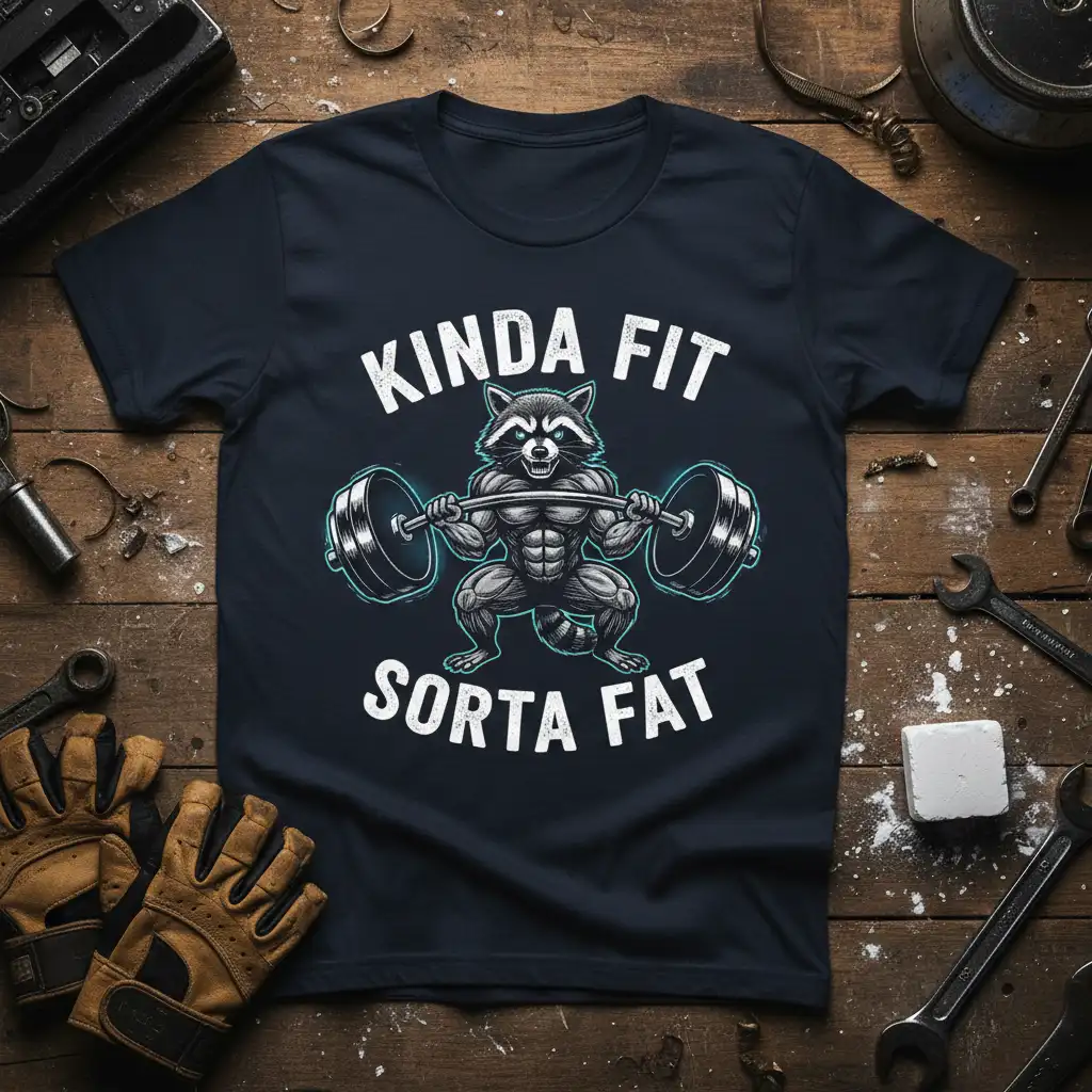 Kinda Fit Sorta Fat humorous workout quote design with a muscular raccoon and barbell