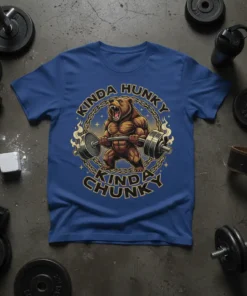 Kinda Hunky Kinda Chunky T-Shirt with a muscular bear lifting a barbell, surrounded by chains and flames