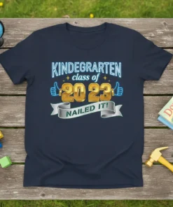 Kindergarten Class of 2023 Nailed It t-shirt design with blue neon text, gold numbers, and thumbs up graphics