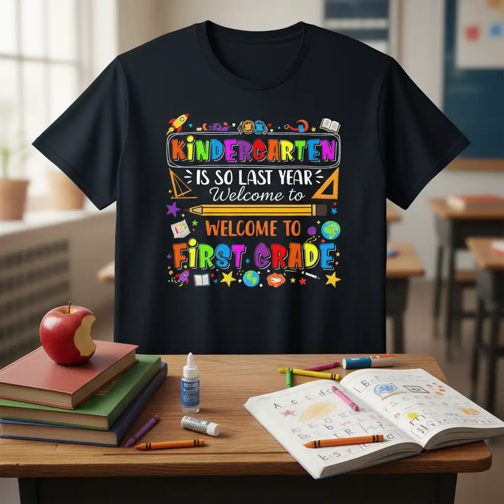 Kindergarten Is So Last Year Welcome To First Grade quote on a black t-shirt with colorful graphics
