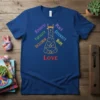 T-shirt with Kindness Equality Inclusion Peace Diversity Hope LOVE text and llama graphic, featuring rainbow headband