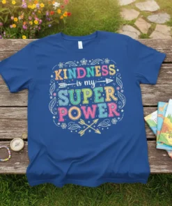 Blue t-shirt with "KINDNESS is my SUPER POWER" text in colorful, playful lettering and decorative elements