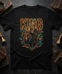 KING SON NOBLE CARING text design featuring detailed typography on quality t-shirt