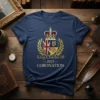 Navy blue t-shirt featuring King Charles III 2023 Coronation crest with crown, Union Jack, and harp