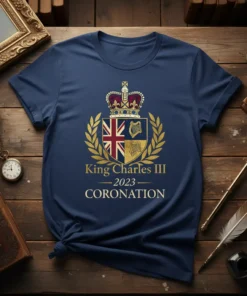 Navy blue t-shirt featuring King Charles III 2023 Coronation crest with crown, Union Jack, and harp