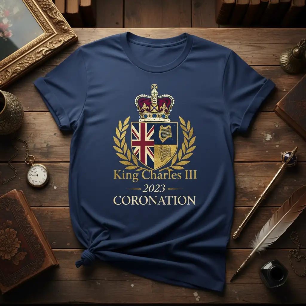 King Charles III 2023 Coronation emblem with crown, Union Jack, and harp on navy t-shirt