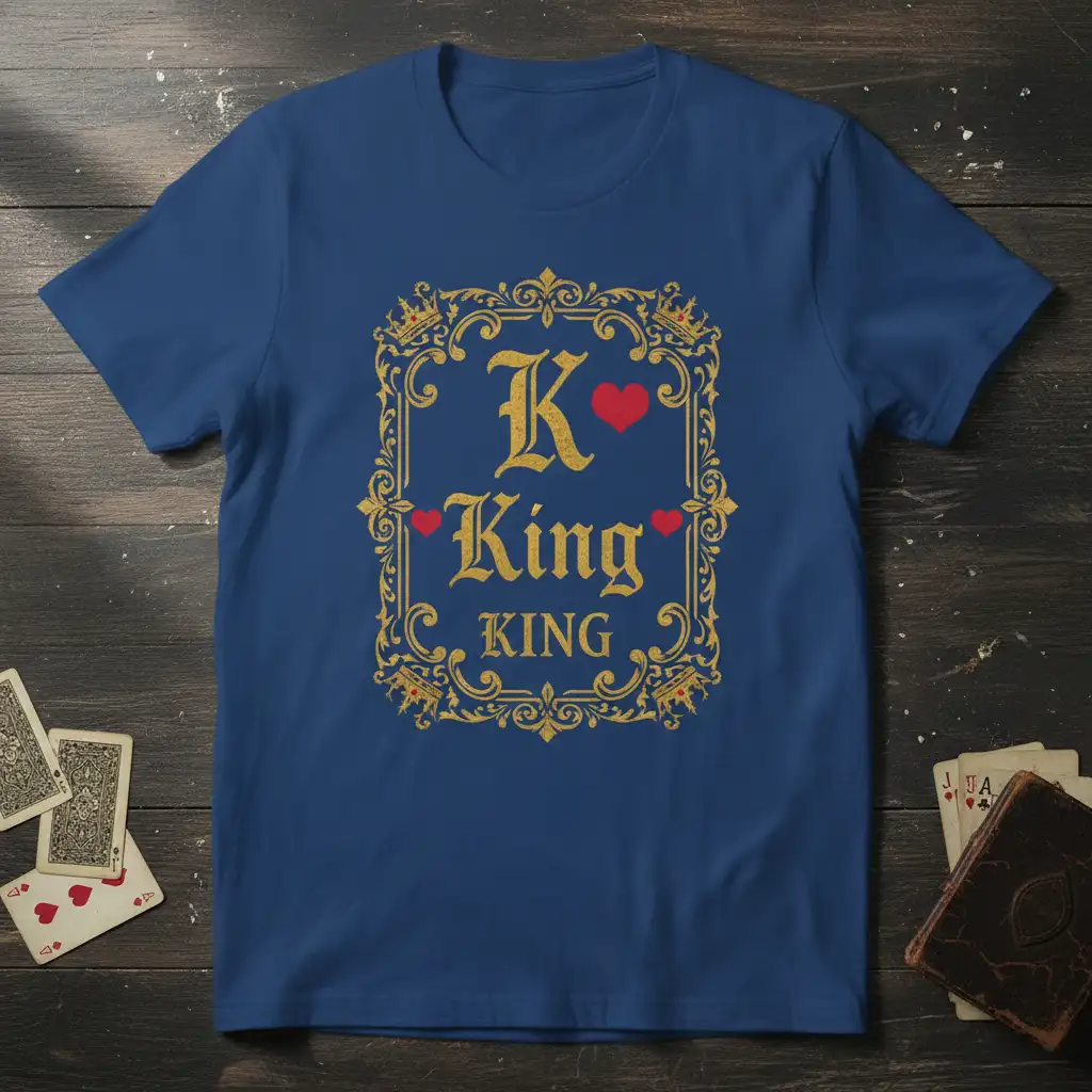 K King KING text with ornate gold frame, crowns, and red hearts on a royal blue tee