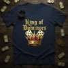 King of Dominoes text with a golden crown and domino tiles graphic on a navy t-shirt