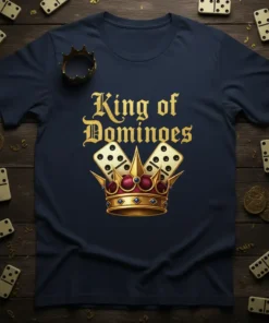 King of Dominoes text with a golden crown and domino tiles graphic on a navy t-shirt