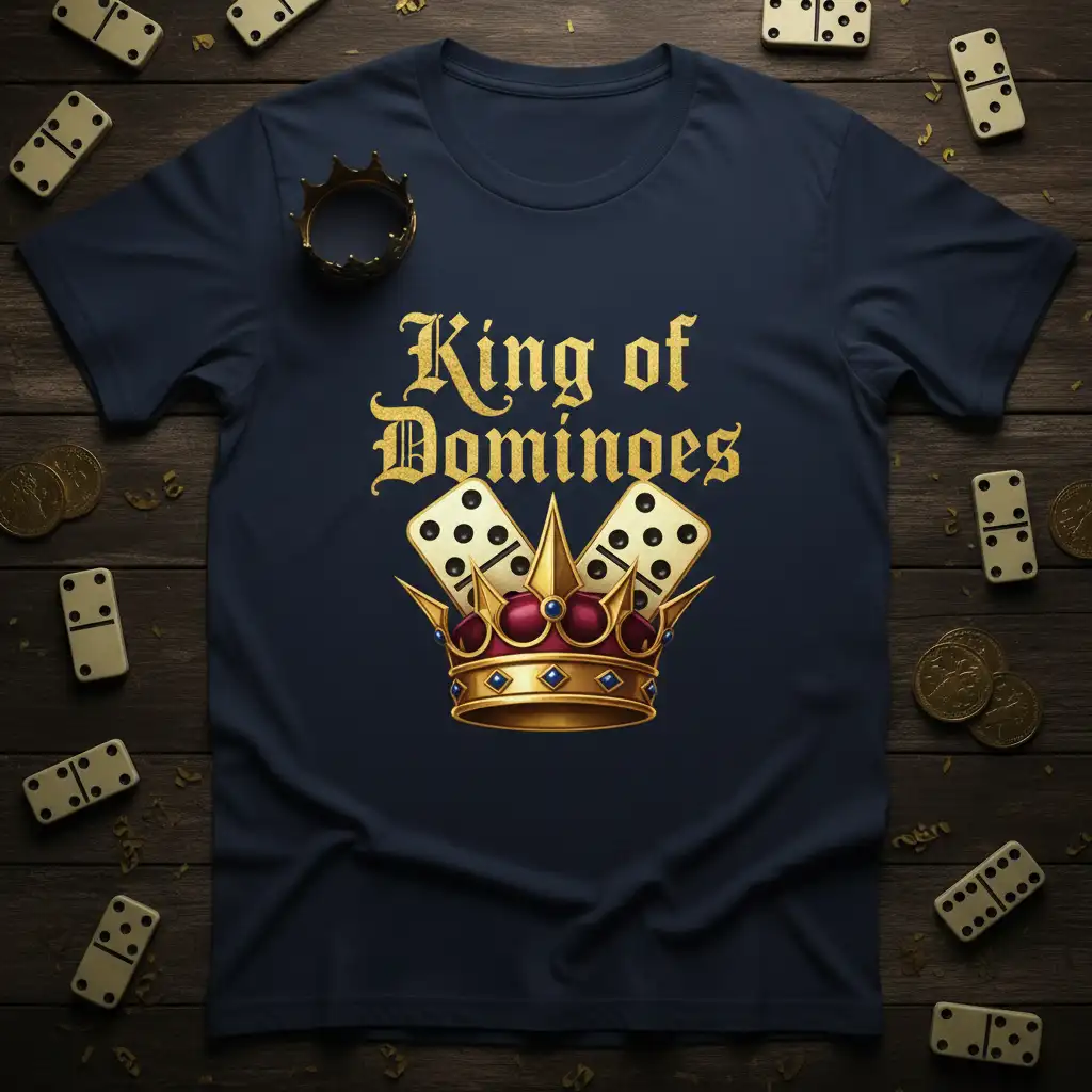 King of Dominoes text and crown graphic on a navy blue t-shirt, perfect for domino players