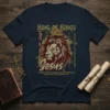 King of Kings Jesus Christian Lion T-Shirt featuring a majestic lion with a crown and biblical text about Jesus' reign