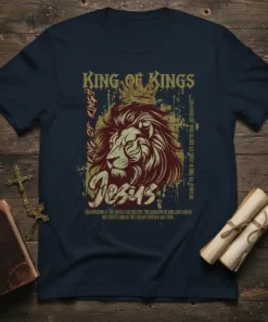 King of Kings Jesus Christian Lion T-Shirt featuring a majestic lion with a crown and biblical text about Jesus' reign