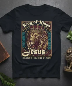 King of Kings Jesus The Lion of the Tribe of Judah T-Shirt design with a crowned lion graphic and religious