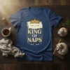 King of Naps t-shirt design featuring a crowned pillow and sleepy eyes