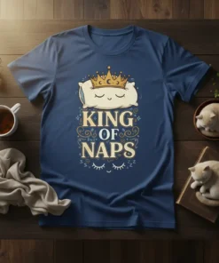 King of Naps t-shirt design featuring a crowned pillow and sleepy eyes
