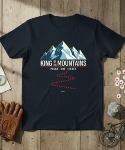 King of the Mountains Polka Dot Jersey t-shirt design featuring stylized mountains and a red dotted line path