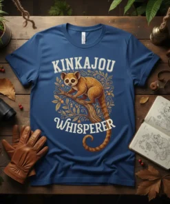Kinkajou Whisperer t-shirt design featuring a kinkajou perched on a branch with ornate foliage