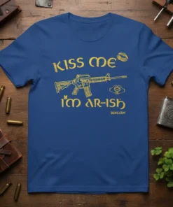 Kiss Me I'm AR-ish T-Shirt with an AR-15 graphic and a pair of lips, yellow text on blue shirt
