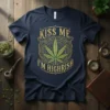 Kiss Me I'm Highrish t-shirt with a central cannabis leaf graphic and ornate gold border