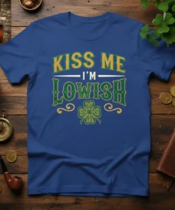 Kiss Me I'm Lowish St. Patrick's Day t-shirt with shamrock graphic and green and gold vintage lettering
