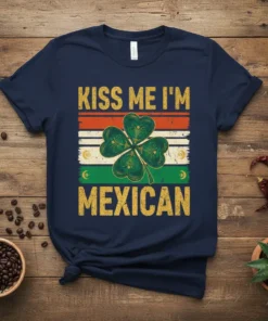 Kiss Me I'm Mexican t-shirt design with a green shamrock and Mexican flag stripes