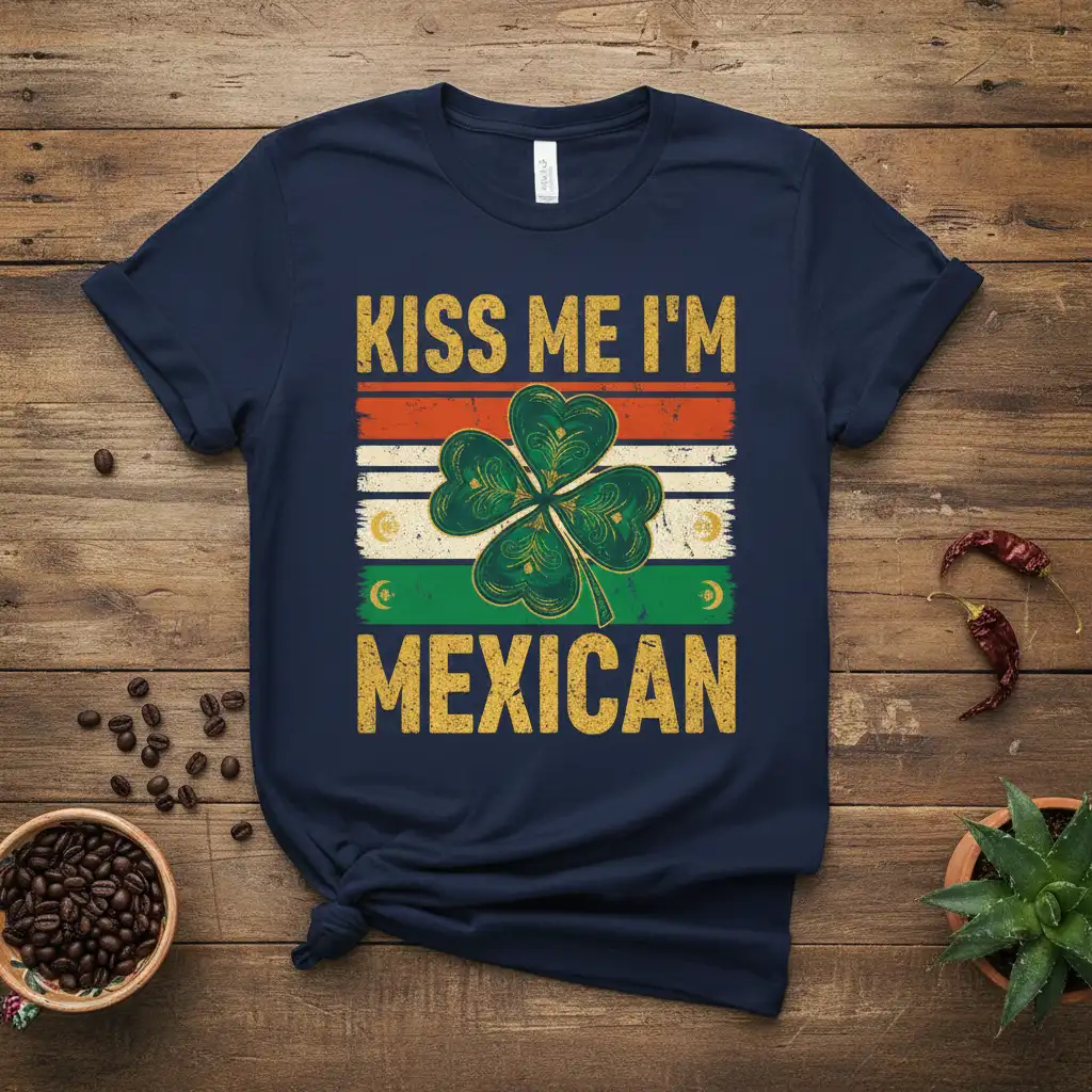 Kiss Me I'm Mexican quote design with shamrock and Mexican flag stripes on a navy shirt
