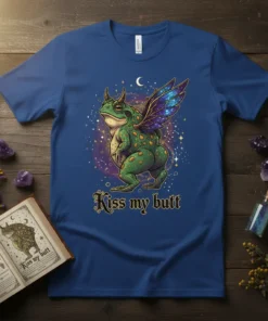 Kiss my butt frog with fairy wings and horns on a blue t-shirt, featuring starry background and moon