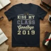 Kiss My Class Goodbye 2019 graduation t-shirt with graduation cap graphic and distressed lettering