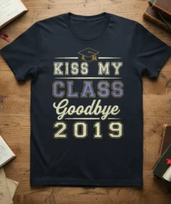 Kiss My Class Goodbye 2019 graduation t-shirt with graduation cap graphic and distressed lettering