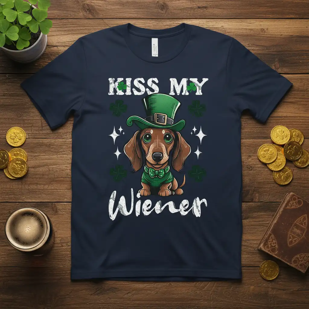 Kiss My Wiener dachshund wearing St. Patrick's Day hat and shirt, surrounded by shamrocks