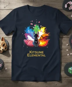 Kitsune Elemental t-shirt design featuring a black nine-tailed fox surrounded by colorful elemental tails, with Japanese text